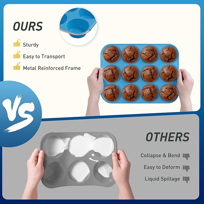 2 Pack 12 Cups Silicone Muffin Pan with Metal Reinforced Frame Regular Size Silicone Molds Cupcake Cake Baking Pans Cookie Baking Chocoflan Cupcake Mold Muffin Tin Tart Pans Necessities Cookware