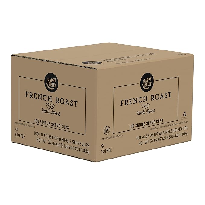 Amazon Brand - Happy Belly Dark Roast Coffee Pods, French Roast, Compatible with Keurig 2.0 K-Cup Brewers, 100 Count