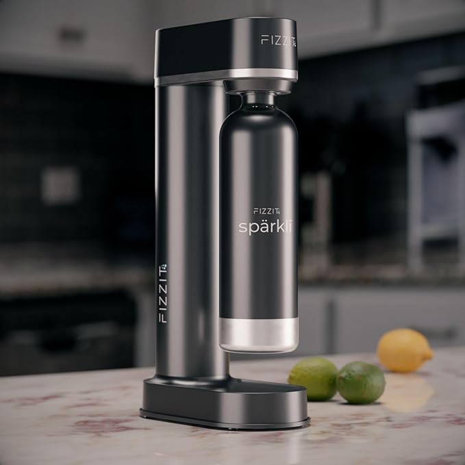 Black Stainless Steel Sparkling Water Maker with 2 CO2 Cylinders & 1L Reusable Bottle