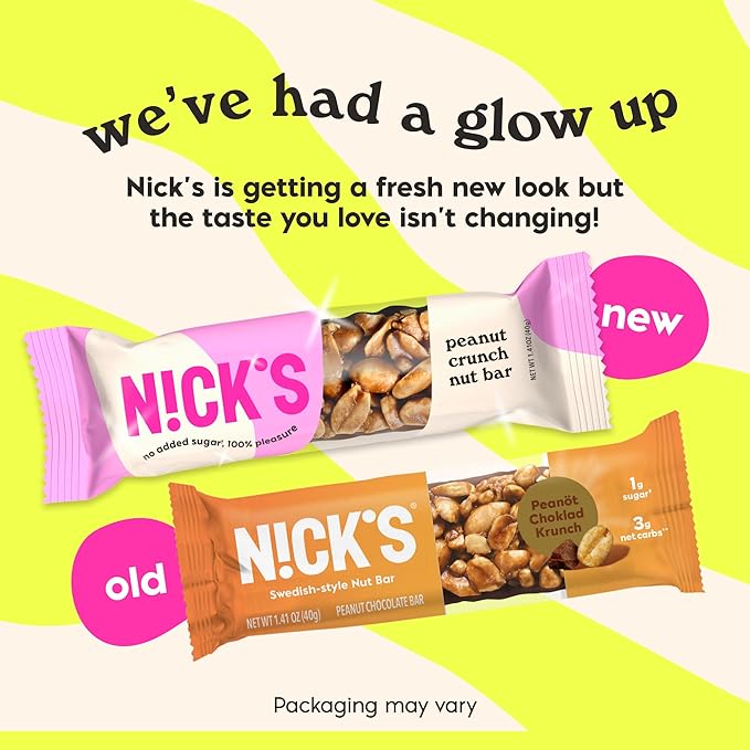 NICK'S Peanut Chocolate Snack Bar, Keto Nut Snack for Sports, Hiking, Gaming, Outdoor Activities, 1G sugar, 3G net carbs, healthy snack, (pack of 30)