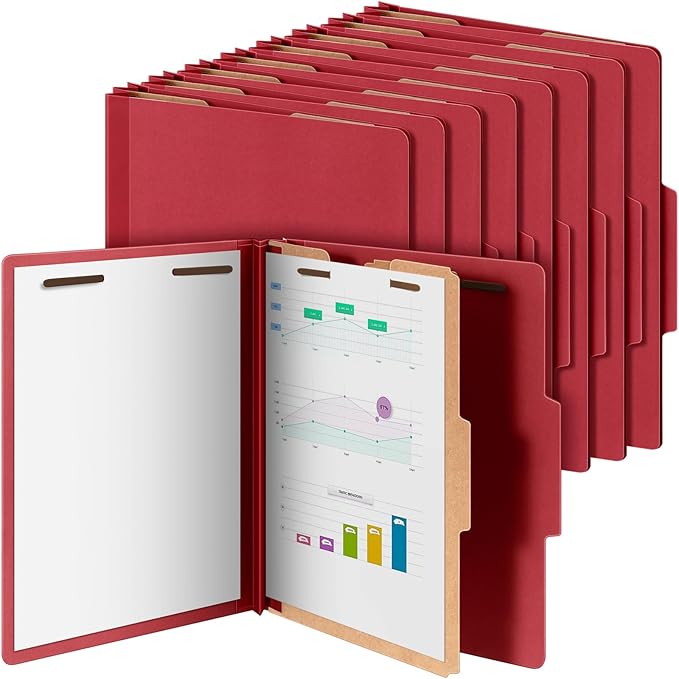 24 Pcs Classification Folders Letter Size, Back to School Supply for Teacher, Student, 1 Divider Pressboard File Folder Bulk with 2 Fasteners, 3.5 Inch Expanding File Organizer (Red)