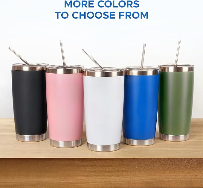 OMTech 20oz Tumblers Bulk, 6pc Stainless Steel Tumbler Set with Lid & Straw, Double Wall Vacuum Insulated Mug for Laser Engraver, Travel Coffee Mug for Hot & Cold Drinks, White Powder Coated Cup