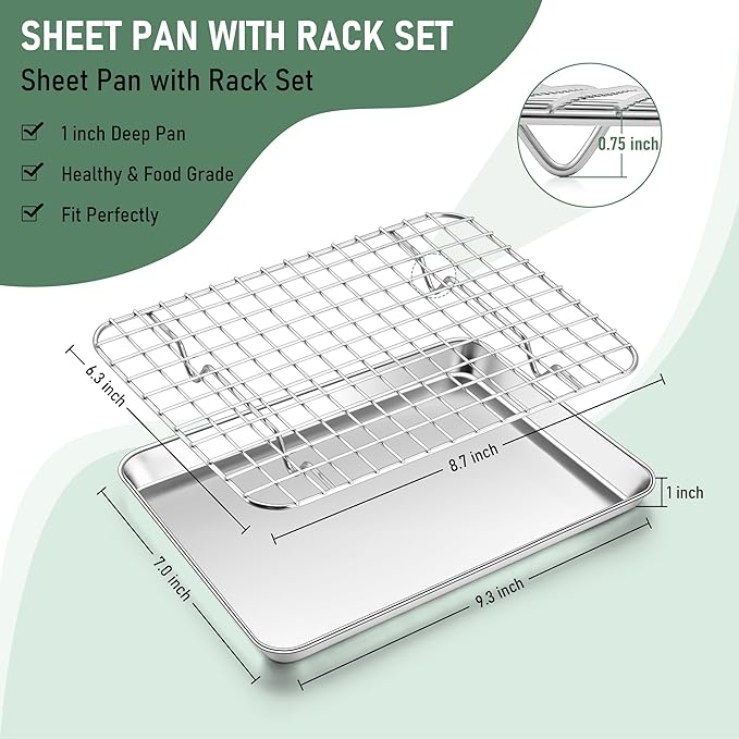 Toaster Oven Pan with Rack Set (2 Small Baking Sheets+2 Grill Racks), 9 x 7 Inch Stainless Steel Small Cookie Sheets Bacon Tray with Grid Cooling Racks for Baking Roasting Grilling, Dishwasher Safe