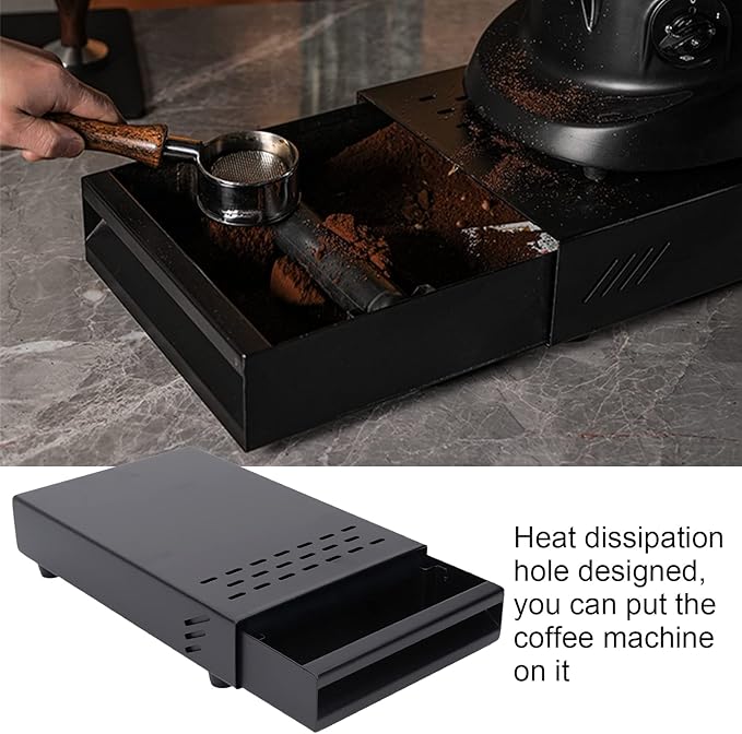 Coffee Knock Box, Stainless Steel Drawer Type Coffee Grind Container Coffee Knock Box Espresso Knocker Drawer Non Slip with Rubber Knock Stick for Cafes Home Kitchens Office (Black)