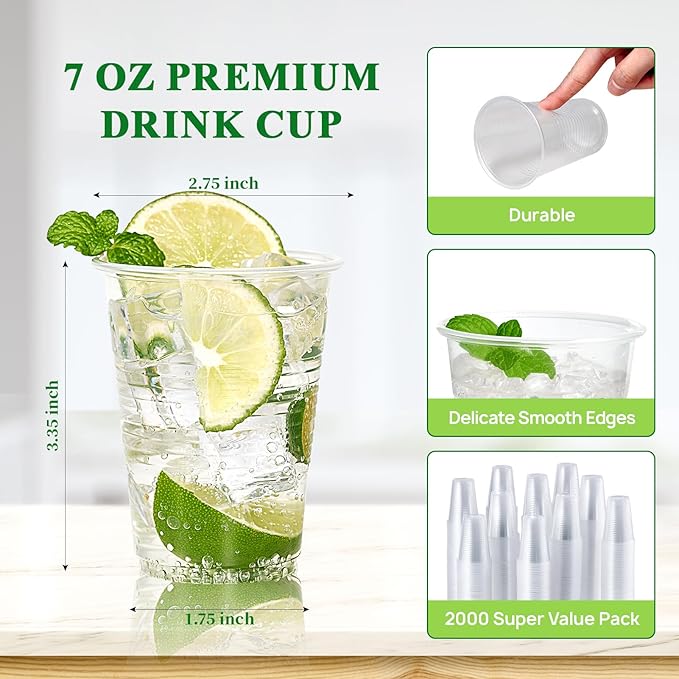 Vplus 2000 Pack 7 OZ Drinking Clear Plastic Cups, 7 Ounce Disposable Cold Water Party Dessert Bulk Cups for Business Wedding Party