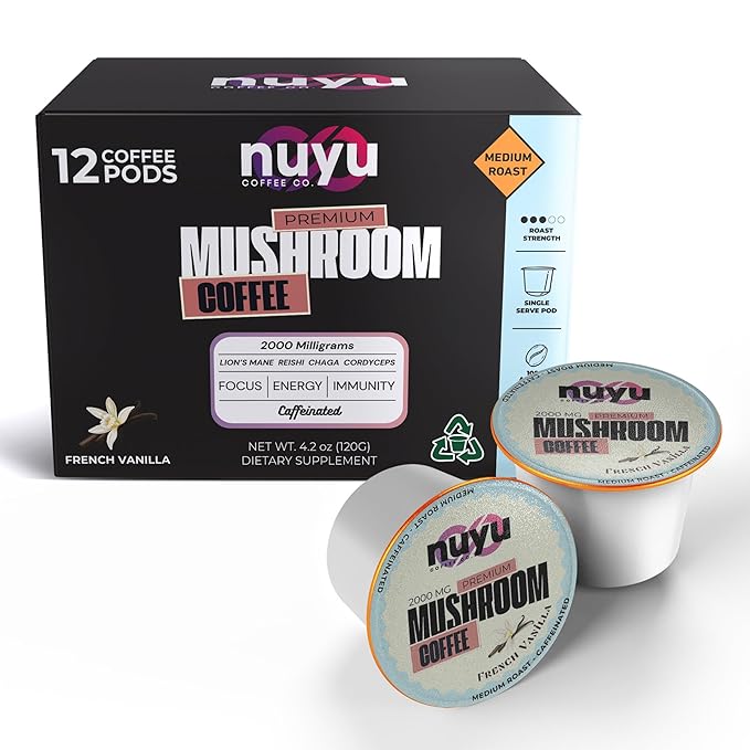 Nuyu Mushroom Coffee Pods, K-Cups, 100% Medium Roast Arabica Coffee with Lion's Mane, Reishi, Chaga, Cordyceps, 2000mg per Pod (12, French Vanilla)