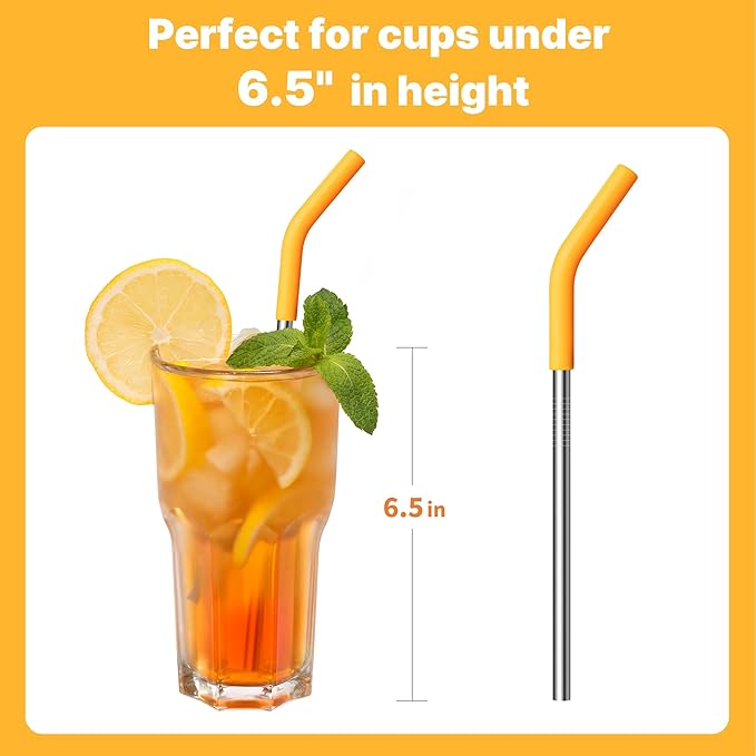 6.7" Short Metal Straw-Reusable Stainless Steel Drink Straws with Silicone Tips and Brush, Fit for 6 7 10 12 oz Small Cups (Colors 2)