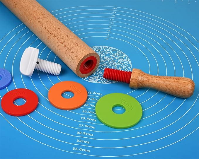Rolling Pin with 4 Adjustable Thickness Rings and Long Handle 13.6 Inch Wooden Dough Roller for Baking, Dough, Cookie, Cake, Fondant, Pizza and Pie Crust