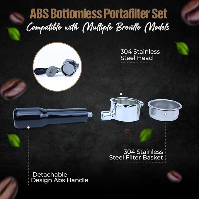 54mm Bottomless Portafilter 3 Ears ABS Handle – Fits Breville Barista Express, Bambino, Impress, Duo Temp Pro and Infuser – Includes 18g Filter Basket Hands-Free Dosing Funnel & 1.7mm Puck Screen