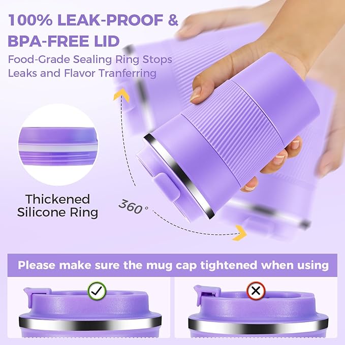 Volhoply 13 oz Stainless Steel Insulated Travel Coffee Mug with Fip Lid Bulk 8 Pack,Reusable Double Wall Vacuum Metal Coffee Cup,Portable Leak Proof Thermal Tumbler for Hot & Cold Drinks(Purple,8)
