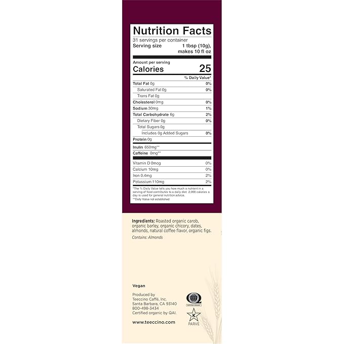 Teeccino Java Chicory Coffee Alternative - Ground Herbal Coffee That’s Prebiotic, Caffeine Free & Acid Free, Medium Roast, 11 Ounce (Pack of 6)