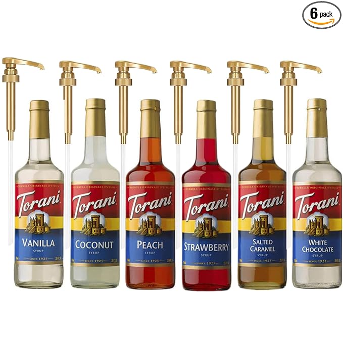 Original Bestsellers Syrup Variety 6-Pack - Vanilla, Peach, Strawberry, Coconut, Salted Caramel & White Chocolate - Coffee & Italian Soda Flavor Syrup with 6 Jimoco Dispenser Pumps