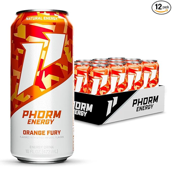 Phorm Energy Drink, Orange Fury Flavor, 200 MG Natural Caffeine From Green Tea, Sugar Free Carbonated Drink With Electrolytes & Vitamin B12, Dairy & Gluten Free, Vegan, 16 FL Oz Cans, 12 Pack