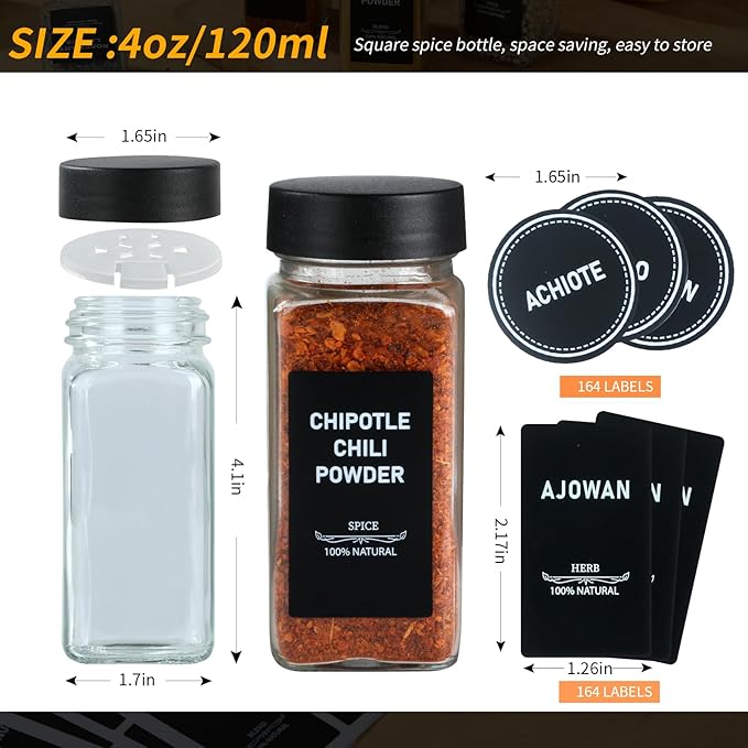 24Pcs Spice Jars Containers with Labels，4oz Black Seasoning Bottles with Shaker Lids for Rack, Cabinet, Drawer,Empty Square Condiment Pots (24, Black)