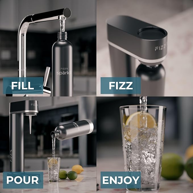 Black Stainless Steel Sparkling Water Maker with 2 CO2 Cylinders & 1L Reusable Bottle