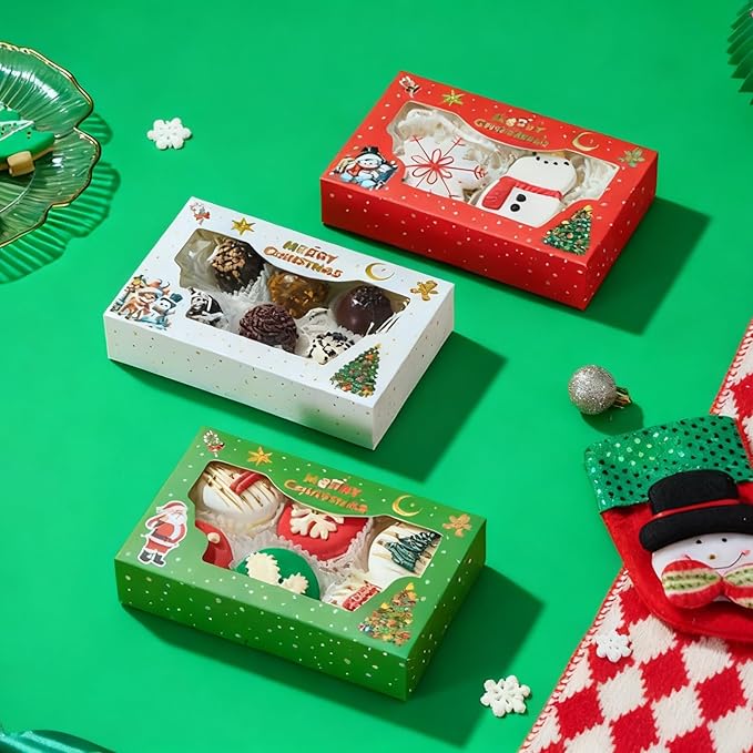 JCXGRVC 48 Pack 7x4.3x1.5Inch Christmas Cookie Gift Boxes with 3 Styles Clear Window Ideal for Packaging Cookie Macaron Cake Pop Chocolate Truffles Donut Pie Treat Bakery Boxes for Gift-Giving