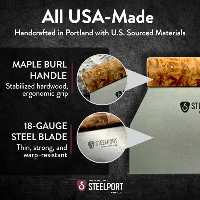 STEELPORT Bench Scraper | USA Made Premium Stainless Steel Dough Cutter & Shaper | Ideal as Bread, Pizza, Pastry Cutter | 18 Gauge Steel Blade, Tapered Oregon Maple Burl Handle | Home & Commercial Use
