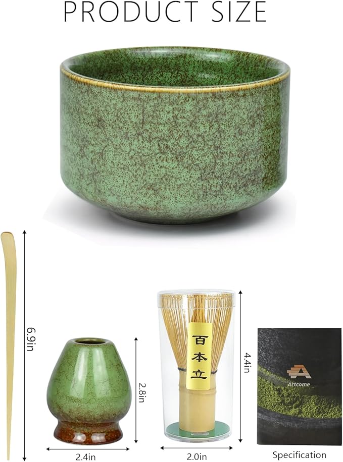 Artcome Premium Matcha Tea Set - 19.6oz Ceramic Bowl with Spout, Bamboo Whisk, Scoop, Whisk Holder & Brewing Guide - Elegant, Complete Set for Authentic Japanese Tea Ceremony