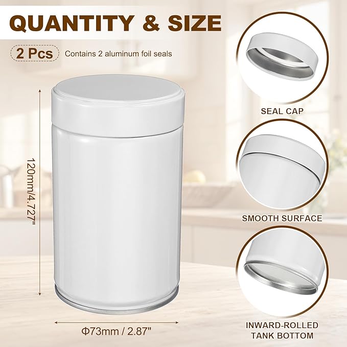 uxcell 2Pcs Round Tea Canisters, 5" x 3" Airtight Metal Tea Containers for Loose Tea, Coffee Beans, Spices - Durable, Compact, and Stylish Storage Tea Tin (White)
