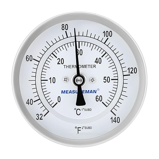 MEASUREMAN Homebrew Bi-Metal Thermometer, 3" Dial, 6" Lead-Free Brass Stem, Range 32-140 deg F/0-60 deg C, 2% Accuracy, Adjustable, 1/2" NPT Back Mount