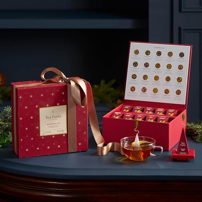 Tea Forte Warming Joy Holiday Assorted Premium Tea Chest Gift Sampler, 40 Count, 2 of each Variety Blend Individually Wrapped Handcrafted Pyramid Infuser Bags