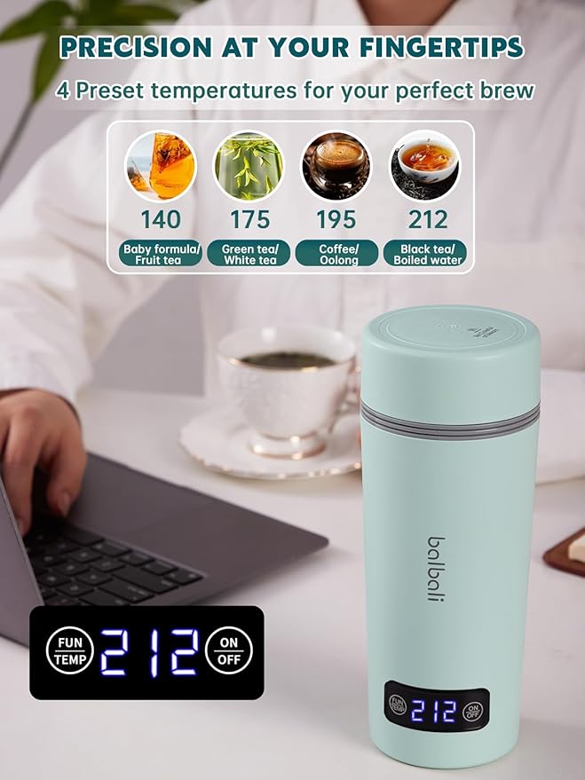 balbali Dual Voltage Travel Kettle 100-250V - 12oz Portable Water Boiler/Warmer/Heater for Boiling Water - 4 Preset Temperature Control Portable Tea Kettle Electric Travel - Green