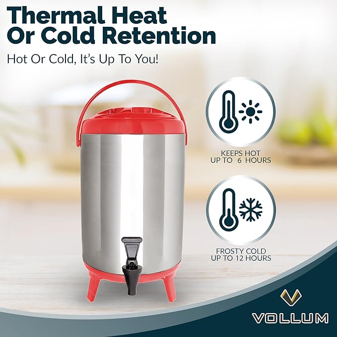 Stainless Steel Insulated Beverage Dispenser – Insulated Thermal Hot and Cold Coffee Carafe – 10 Liter Drink Dispenser with Spigot for Hot Water, Tea & Coffee, Cold Milk, Juice & More RED
