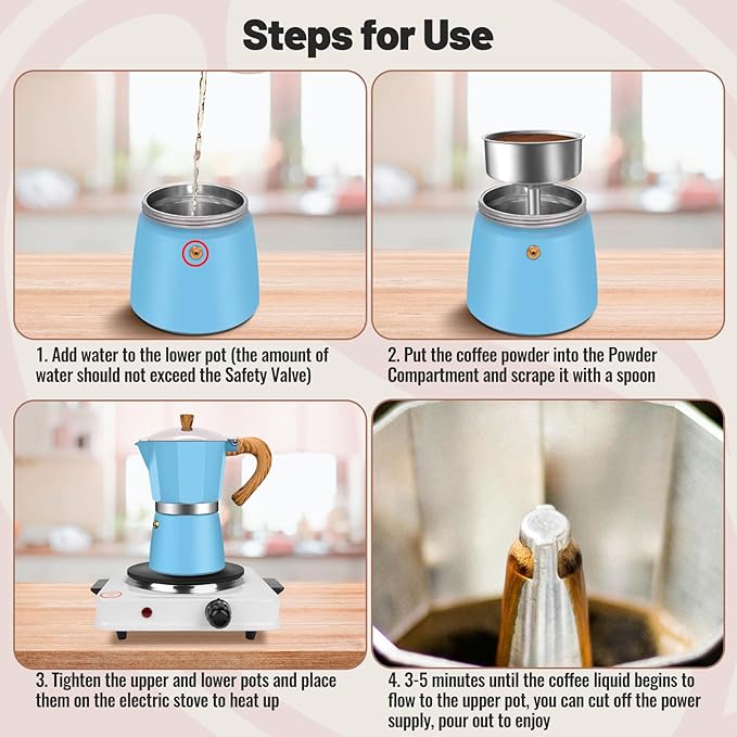 3 Cup Aluminum Moka Pot Classic Stovetop Espresso Coffee Maker 150ml 5oz Coffeemaker Percolator Mocha Pot Greca Coffee Maker Cafe Makers for Italian and Cuban Café Brewing Blue
