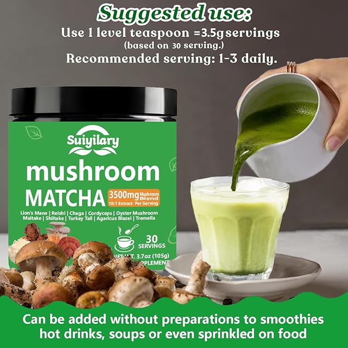 10 Mushroom Matcha Powder with Lion's Mane, Reishi, Mushroom Polysaccharides & More, 3500mg(10:1) Extract, Japanese Ceremonial Matcha for Focus, Energy, Immunity Boost, Memory - 30 Serving
