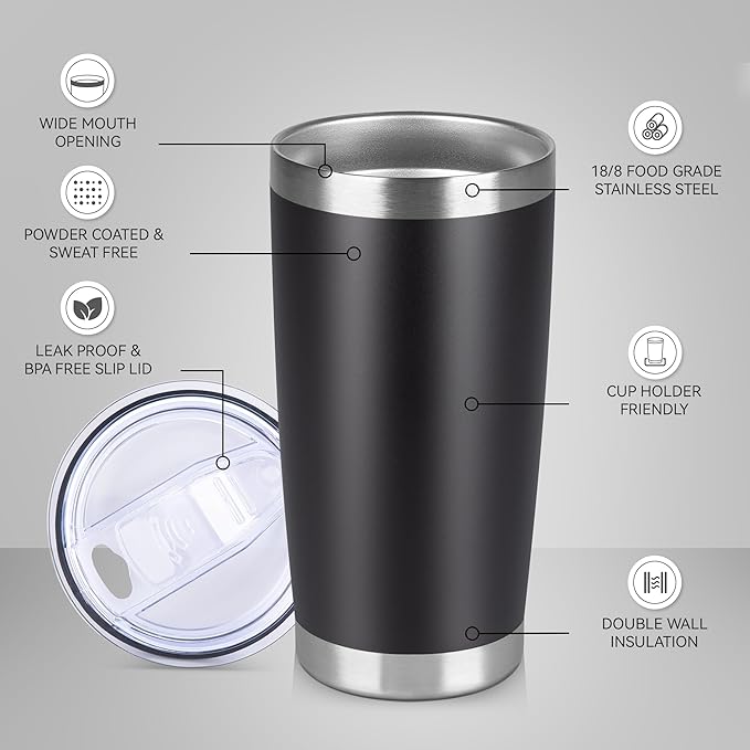20 oz Tumbler Stainless Steel Tumblers Bulk with Lid Double Wall Insulated Coffee Tumbler Cups for Hot & Cold Drinks Powder Coated Travel Coffee Tumbler Mug Metal (Black, 12 pack)