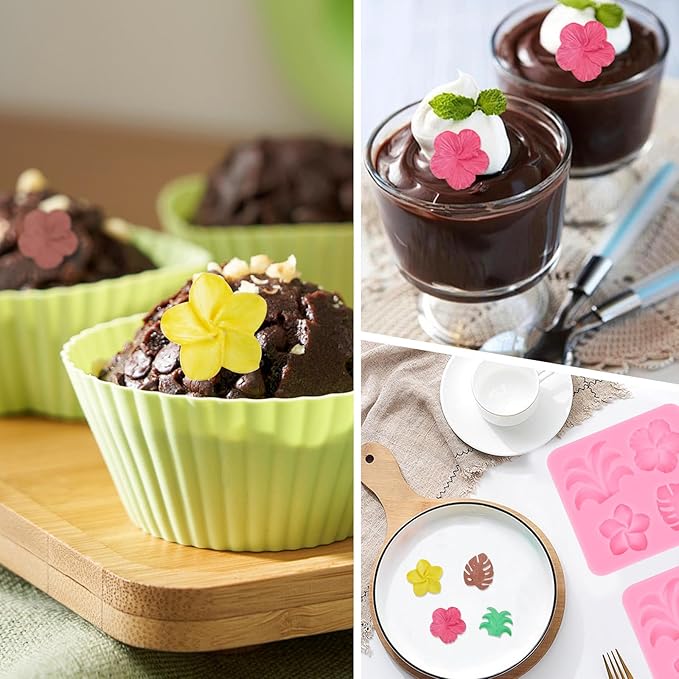 2 Pcs Tropical Flowers and Leaves Silicone Mold Set Plumeria,Hibiscus,Monstera Leaf for Diy Chocolate,Candy,Gummy Molds,Fondant,Cupcake Topper,Hawaiian Party Decoration(Pink)