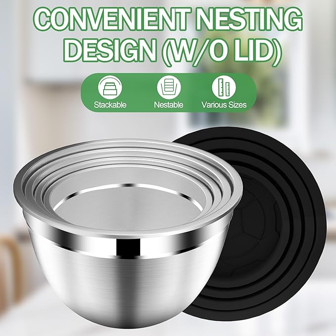 Mixing Bowls with Lids Set, Stainless Steel Mixing Bowls with Colander, Strainer with Mixing Bowl Set, Kitchen Gadgets Bowl Christams Gift, Size 4, 2.5, 2, 1.5QT - Black