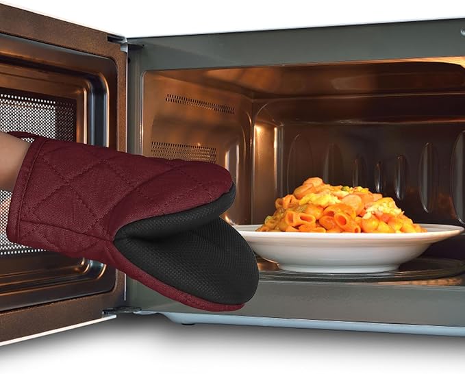 1 Pair Short Oven Mitts, Heat Resistant Silicone Kitchen Mini Oven Mitts for 500 Degrees, Non-Slip Grip Surfaces and Hanging Loop Gloves, Baking Grilling Barbecue Microwave Machine Washable