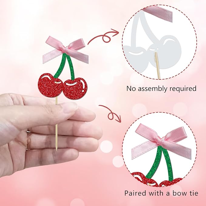 24 Pack Cherry Cupcake Toppers, Glitter Sweet Cherry Cupcake Pick for Fruits Theme Baby Shower and Birthday Decorations Supplies