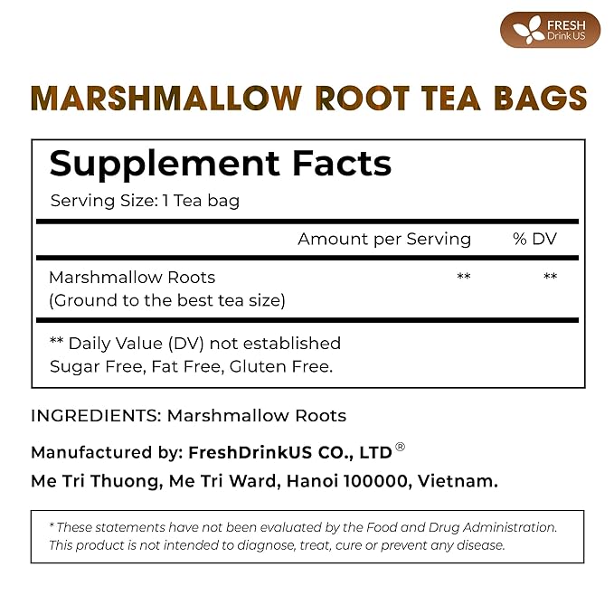FreshDrinkUS, Premium 75 Marshmallow Root Tea Bags, 100% Natural & Pure from Marshmallow Root, Eco-Conscious Tea Bags, Herbal Tea. No Sugar, No Caffeine, No Gluten, Vegan.