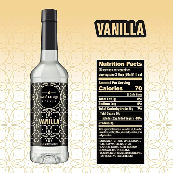 NEW Café Le Rou Variety 25.4oz Vanilla, French Vanilla, Caramel, Hazelnut (Variety, 4-pack) *Includes 4 Coffee Syrup Dispensers for Coffee, Tea and Espresso