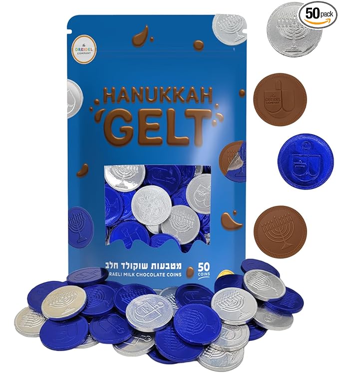The Dreidel Company Blue & Silver Hanukkah Milk Chocolate Coins, Hanukkah Design Gelt, Gluten Free, Non GMO, Kosher Certified OU-D (50-Pack)