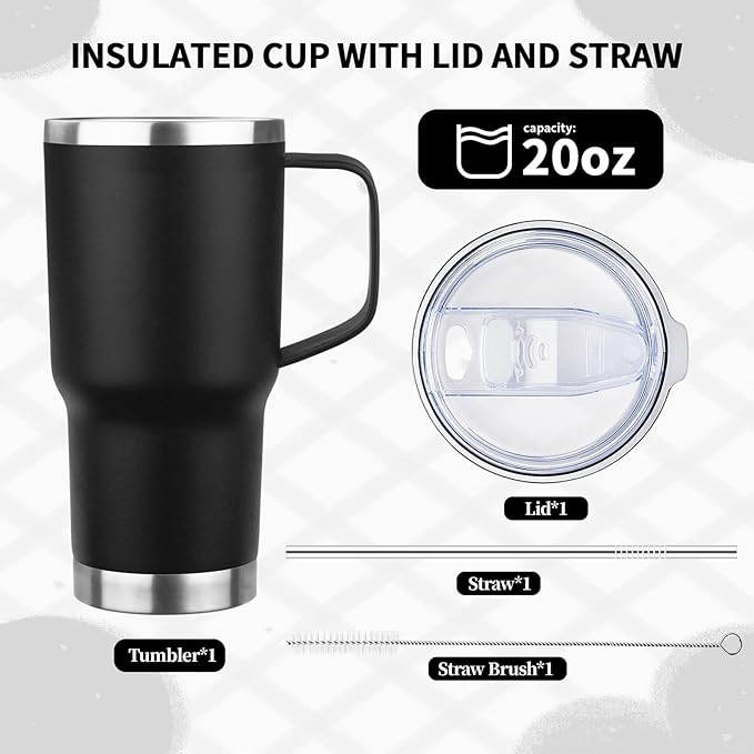 20oz Insulated Tumbler with Handle Stainless Steel Travel Coffee Mug with Lid and Straw Double Wall Vacuum Leak-proof Reusable Thermal Water Cup for Hot and Cold Drinks (Black,1 Pack)