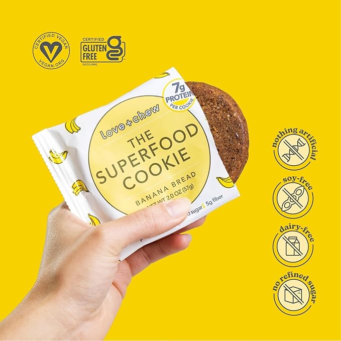 Love + Chew Superfood Soft Baked Cookies, Banana Bread Flavor, Plant Based Cookie Made With Almonds, Chia Seeds, & Bananas for Kids and Adults, Vegan Snacks, Gluten Free, Paleo, Non GMO, 10 Pack