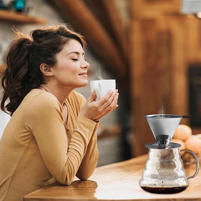 Pour Over Coffee Dripper-Stainless Steel Coffee Filter,Reusable Drip Cone Coffee Filter Portable Pour for 1-4 Cup (With Base, L)