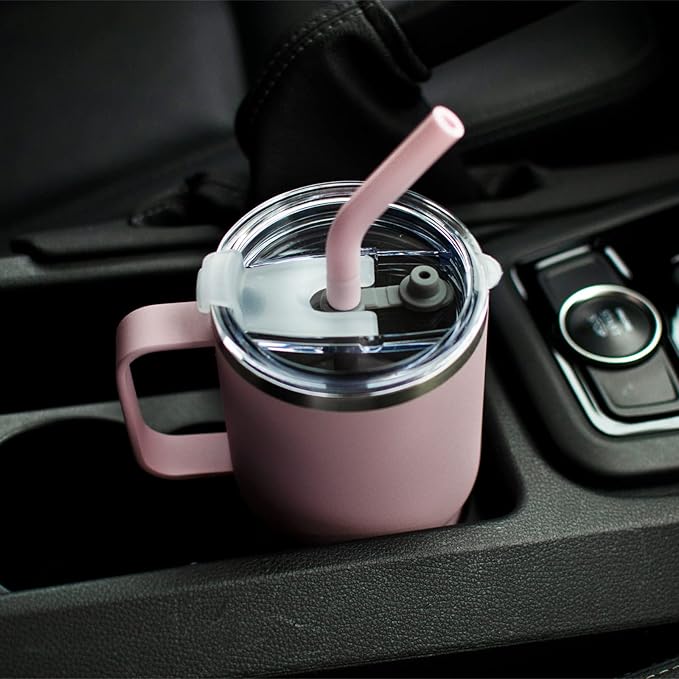 Sursip 24 oz Insulated Cup with Handle, Double Wall Vacuum Stainless Steel Tumbler with Straw and 2 Lids, For Cold/Hot Drinks, Coffee Travel Mug for Car/Home/Office/Party/Camping (Pink-1 Pack)