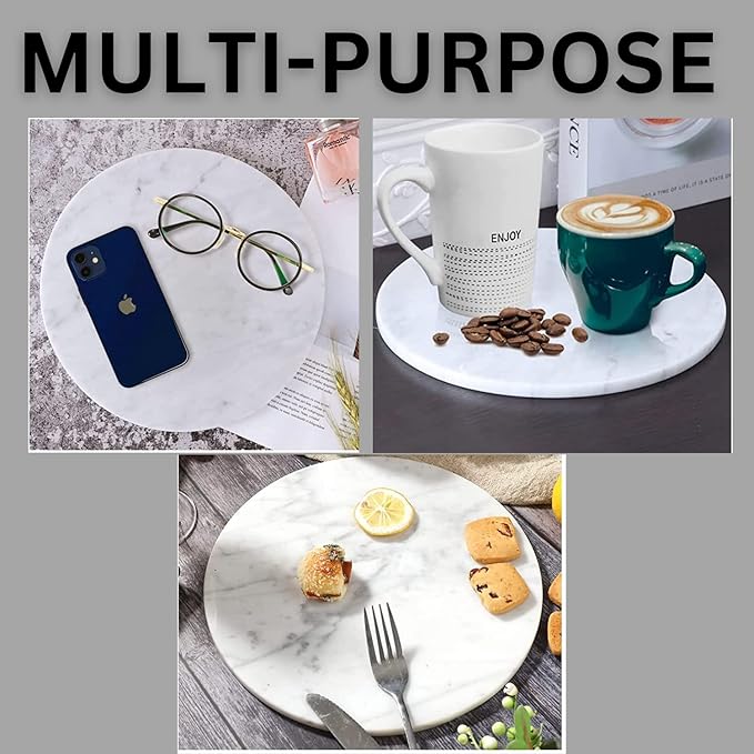 Multi-Purpose Round Shape Marble Cheese Tray | Cutting Board. Solid Large White With Non-Slip Feet For Stability & Scratch Protection. Easy To Clean,Trivet,White (11x11x0.5 Inches)