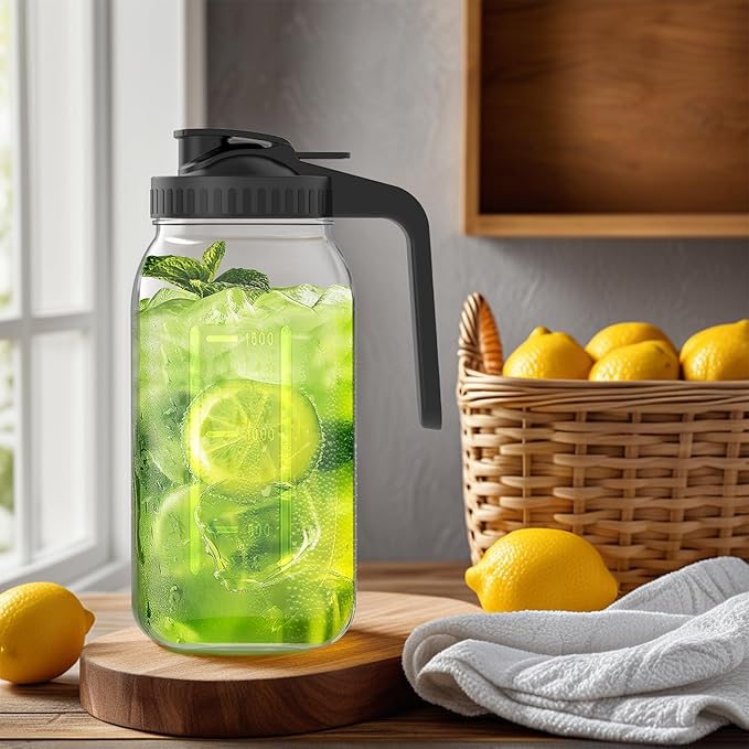 2-Pack 64oz Glass Mason Jar Pitchers with Leak-Proof Lids and Handles – Wide Mouth Design for Sun Tea, Cold Brew, Lemonade, Juice, Iced Tea, and Water