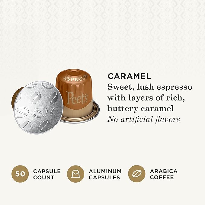 Peet's Coffee, Medium Roast Espresso Capsules, Compatible with Nespresso Original Machine - Caramel, 50 Count (5 Boxes of 10 Espresso Capsules)