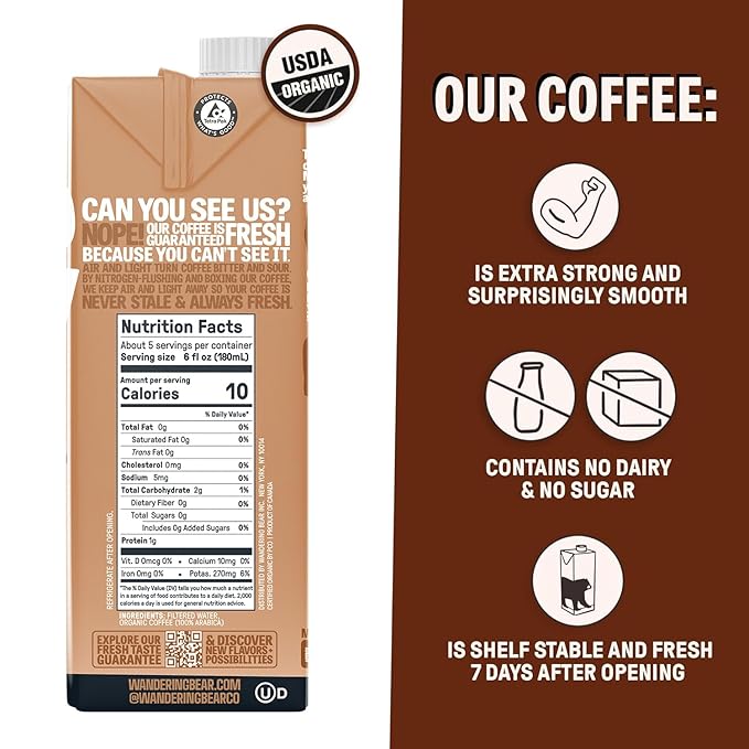 Wandering Bear Straight Black Organic Cold Brew Coffee, 32 fl oz, 3 pack - Extra Strong, Smooth, Organic, Unsweetened, Shelf-Stable, Ready to Drink Iced Coffee