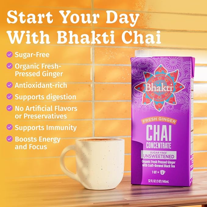 Bhakti Chai Tea Concentrate | Sugar-Free, Organic Fresh Ginger, Black Tea, Spiced, Dairy-Free, Vegan (Pack of 3)