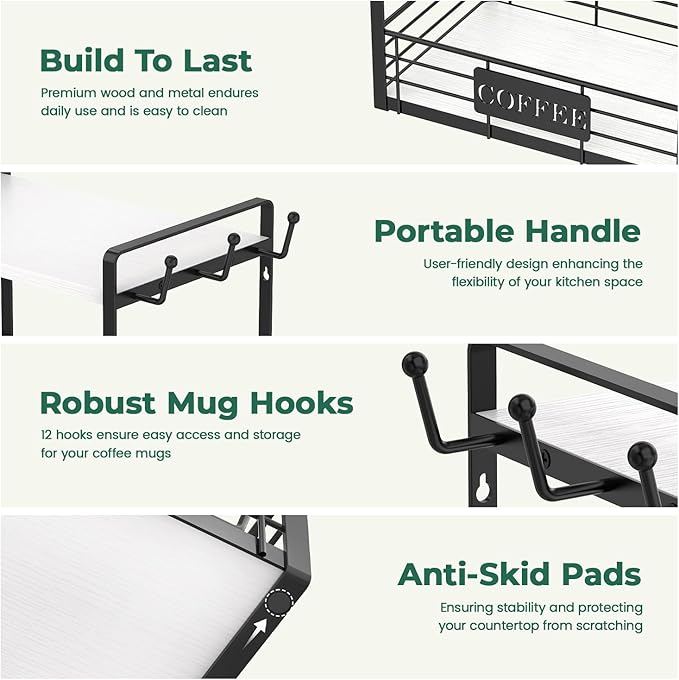 EsLuker.ly Coffee Mug Cup Holder Stand Bar Station Organizer for Countertop, Multi-Functional 2 Tier Mug Tree Rack for Kitchen, Storage Shelf with 12 Hooks, White-Black(Patented Design)