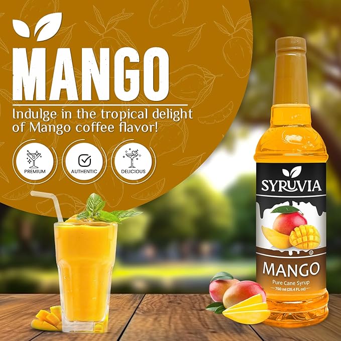 Syruvia Mango Syrup - Premium Flavoring Syrup for Tea, Italian Sodas, Beverages, Desserts, Ice Cream, Cocktails & Mocktails - Kosher, Gluten Free - 25.4 fl oz.