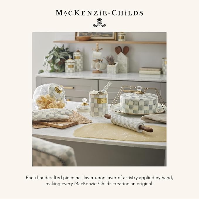 MACKENZIE-CHILDS Enamel High-Tea Teapot, Cup, and Lid, Cute Teapot and Teacup Combo, Gray-and-White Sterling Check
