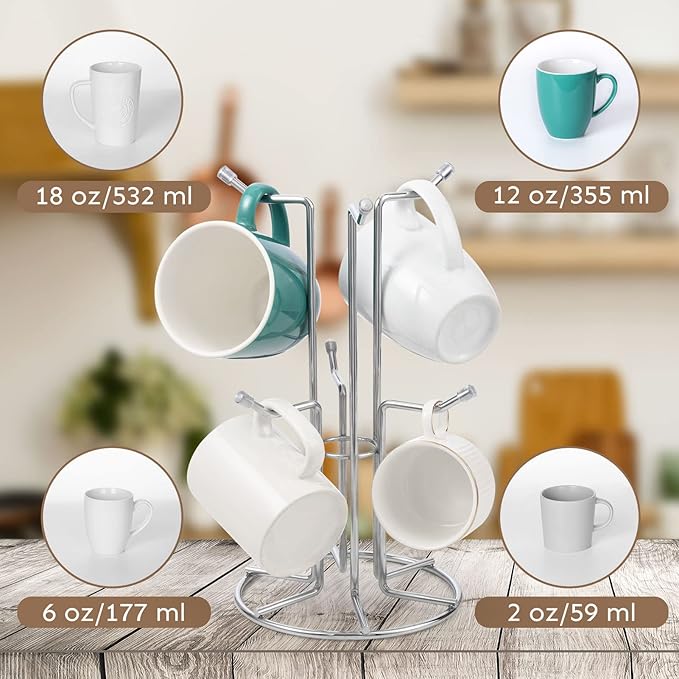 HULISEN Coffee Mug Holder for Countetop, Cup Tree for Counter Large Mugs with 6 Hooks, Metal Cup Holder Stand, Standing Rack Display for Coffee Bar, Silver